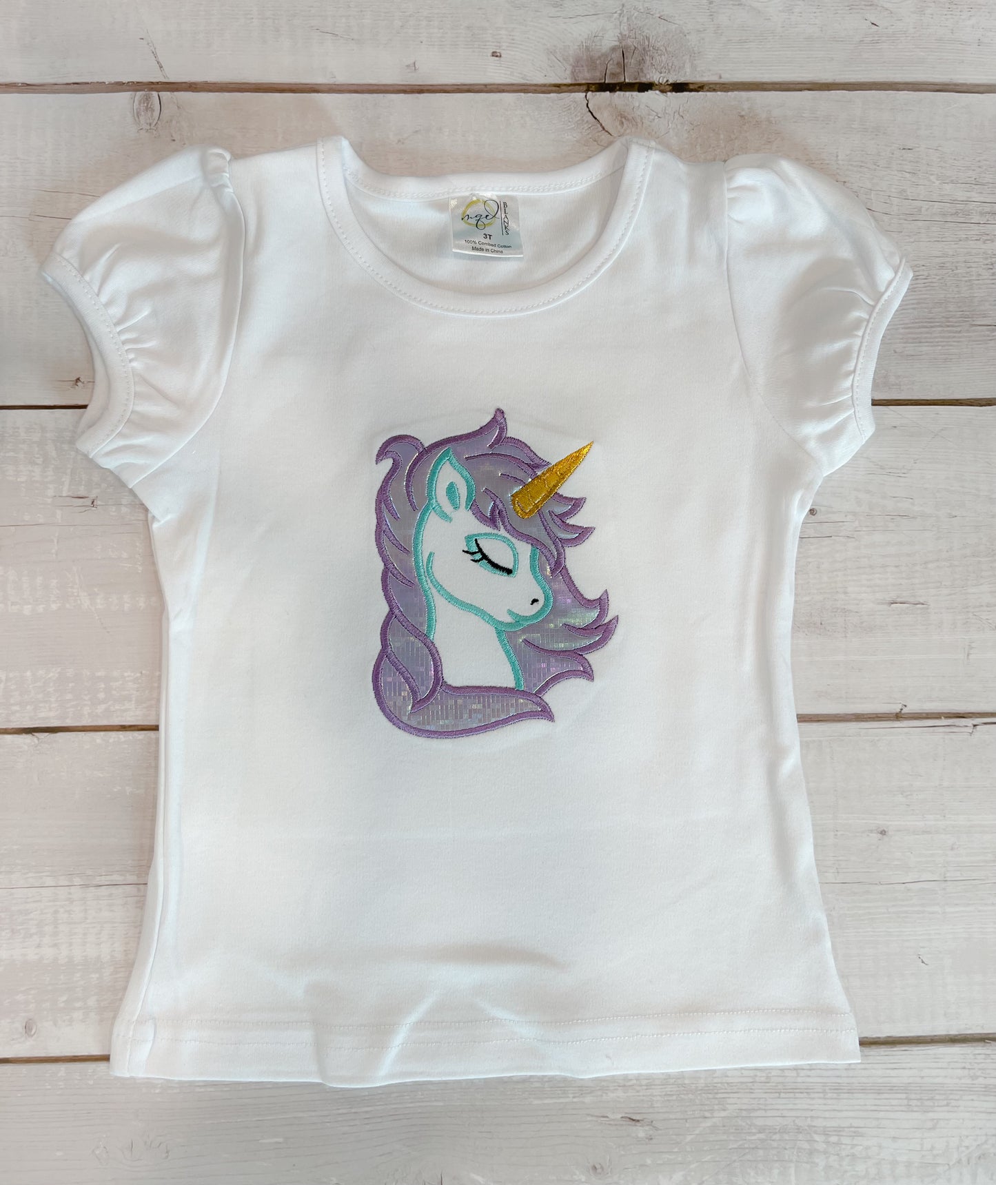 Unicorn Embroidered Applique Puff Sleeve T-Shirt
