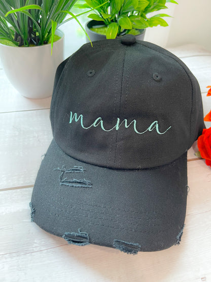 Mama Embroidered Distressed Satin Lined Cap