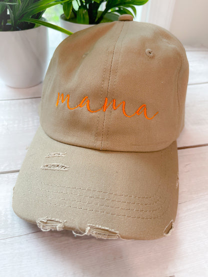 Mama Embroidered Distressed Satin Lined Cap