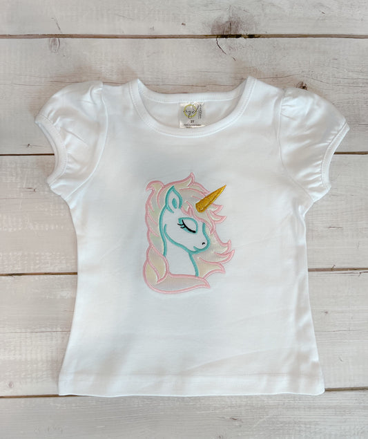 Unicorn Embroidered Applique Puff Sleeve T-Shirt